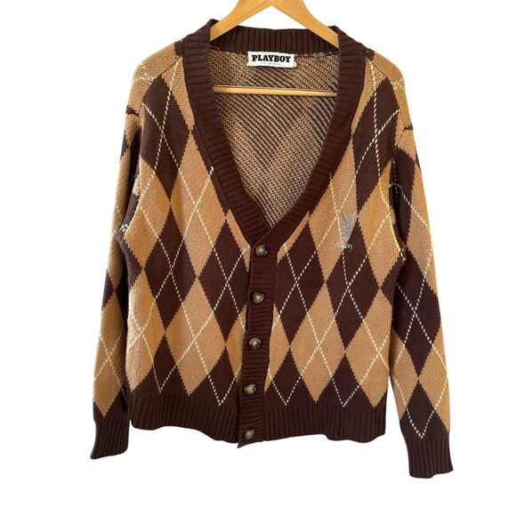 Playboy Other - Playboy Pacsun Mens Argyle Knit Cardigan Sweater M Brown Retro Logo 90s Preppy